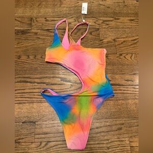 Frankies Bikinis Makie One Piece Swimsuit Rainbow Tie Dye Cutout Size Large NWT